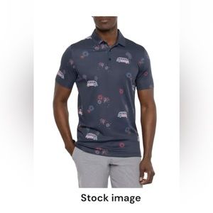 NEW Travis Mathew Firework Display Golf Polo Shirt Navy Blue Red VW Bus Men’s XL